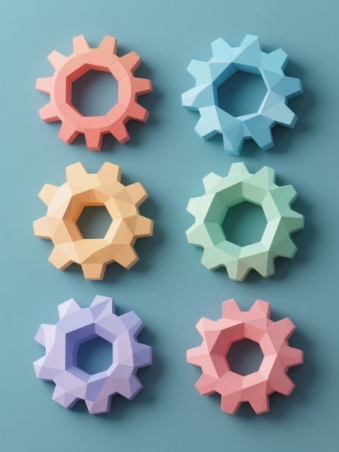一组6个不同配色、不同造型的3D立体齿轮素材集合，采用低多边形几何风格设计，每个齿轮都有清晰的棱角和切面，表面光滑带有微妙的渐变高光，纯色背景，整体色彩变换丰富，齿轮规整排布，保持齿轮元素的核心特征，光影效果柔和统一，呈现出简洁现代的设计感。预览效果