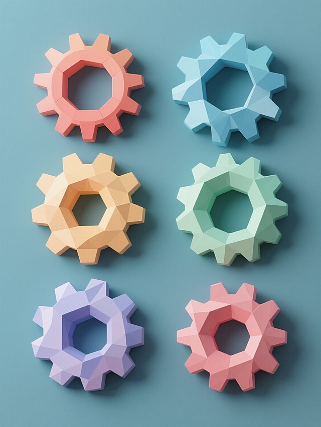 一组6个不同配色、不同造型的3D立体齿轮素材集合，采用低多边形几何风格设计，每个齿轮都有清晰的棱角和切面，表面光滑带有微妙的渐变高光，纯色背景，整体色彩变换丰富，齿轮规整排布，保持齿轮元素的核心特征，光影效果柔和统一，呈现出简洁现代的设计感。