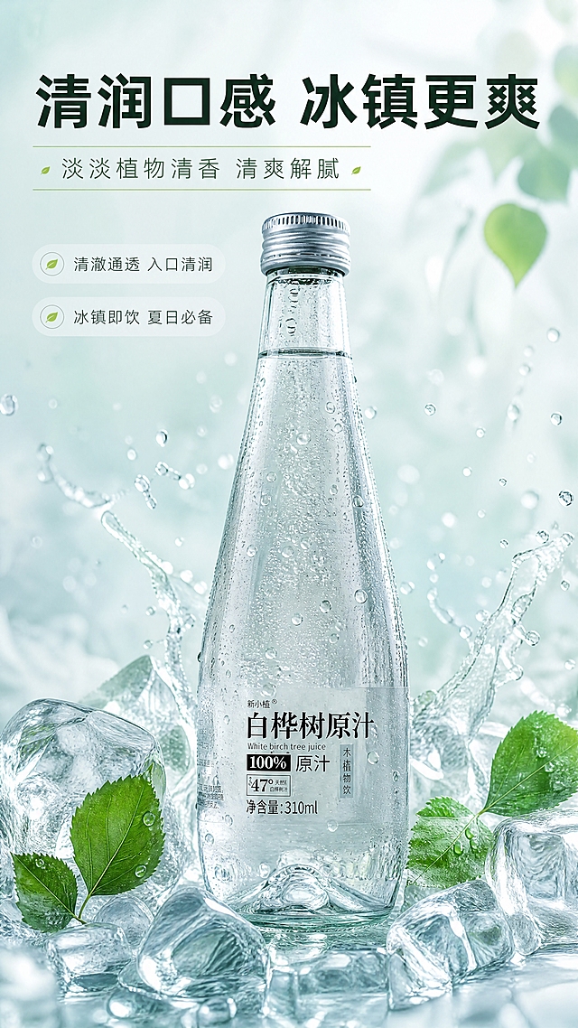 [商品] 使用【图2】白桦树原汁玻璃瓶正面直立图；保留瓶身结构、透明玻璃材质、银色金属盖、瓶身所有标签文字与Logo，不修改商品本体文字；瓶身外布满细密冷凝水珠，体现冰镇冰感。
[画面] 目标：口感质地特写，冰感清爽，强化清润风味联想。构图：产品居中偏下，占画面约55%，周围环绕冰块、水珠、飞溅的清澈液体。背景：浅蓝绿冷调渐变，有朦胧雾感。前景：冰块与飞溅的透明水滴，中景：冰镇产品主体，背景：冷调渐变雾感，≥3层视觉层次。整体氛围冰爽、清透、解渴，有夏日清凉感。
[视觉] 套系策略：风格=极简高级天然商业摄影；标题字=现代简约无衬线粗体；正文字=纤细无衬线体；主色=清透白+白桦绿；背景延展=基于白绿做深浅渐变、雾感层次和自然肌理；强调色=嫩叶绿，仅用于小面积图标、引线和标签点缀；标题色=深墨绿；正文色=中灰绿；组件=圆角半透明白色信息卡、细绿线引线、叶片小图标；光影=冷调柔光，冰感高光，玻璃与冰块有晶莹剔透的反光。
[文字] 上部主标题：「清润口感 冰镇更爽」，副标题：「淡淡植物清香 清爽解腻」；下方2个短句：「• 清澈通透 入口清润」「• 冰镇即饮 夏日必备」；所有文字横向排版，字号保证手机端清晰可读，不遮挡产品主体。
[规格] 图片比例9:16竖版，4K，负向提示：避免变形、错字、文字过小、暖黄调、浑浊液体、瓶身文字错乱、塑料质感、人物面部、二维码、水印、绝对化用语。
