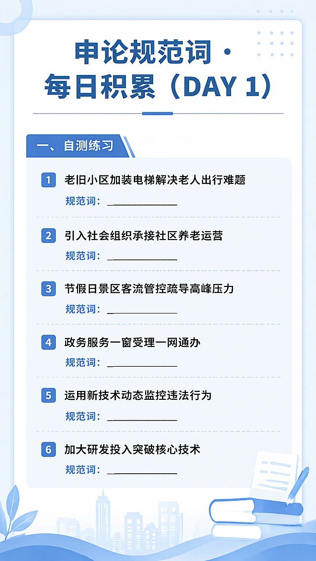 简约专业的申论学习海报，设计风格为简洁清爽的扁平商务风，清晰排版文字内容，主标题："申论规范词 · 每日积累（DAY 1）"，副标题："一、自测练习"，正文包含六个自测题目：
1. 老旧小区加装电梯解决老人出行难题
规范词：__________
2. 引入社会组织承接社区养老运营
规范词：__________
3. 节假日景区客流管控疏导高峰压力
规范词：__________
4. 政务服务一窗受理一网通办
规范词：__________
5. 运用新技术动态监控违法行为
规范词：__________
6. 加大研发投入突破核心技术
规范词：__________
画面版式精美，采用浅蓝白色系，文字清晰，分区域排版，比例为9:16，4K超高清分辨率