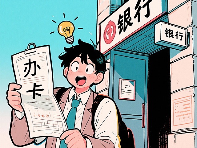 搞笑漫画风格，内容为“办卡要去银行“