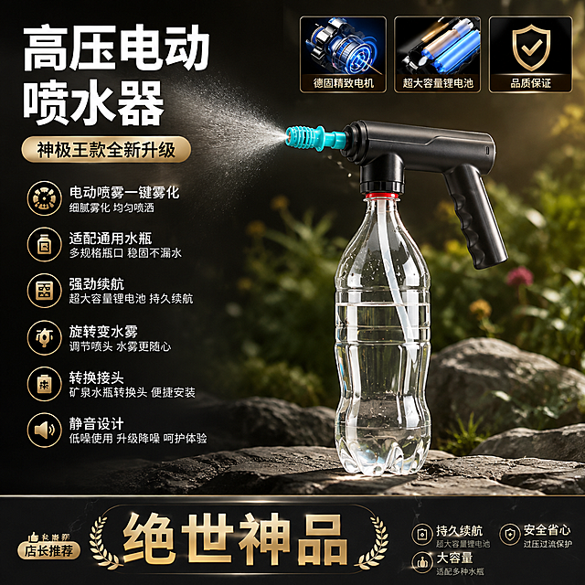 高压电动喷水器电商主图，爆款促销风格，花园自然场景背景。画面右侧是黑色哑光枪身的电动喷水器，青蓝色喷嘴朝左上方喷出细腻水雾，透明塑料水瓶内水体清澈透明，可见白色吸水管，红色瓶口密封圈。产品3D精修渲染，材质真实通透。左侧上方白色粗体大标题：高压电动喷水器。标题下方金色标签：神极王款全新升级。左侧竖排6个金色圆形图标加卖点文字：电动喷雾一键雾化、适配通用水瓶、强劲续航、旋转变水雾、转换接头、静音设计。顶部右侧三个小图标：电机、锂电池、品质保证。底部通栏深色背景，中间金色大字：绝世神品。背景是虚化的花园绿植和岩石台面，阳光斜射。深灰黑金配色，专业品质感。保持产品外观结构颜色与输入产品图一致。1:1正方形，文字清晰，超高清商业质感。