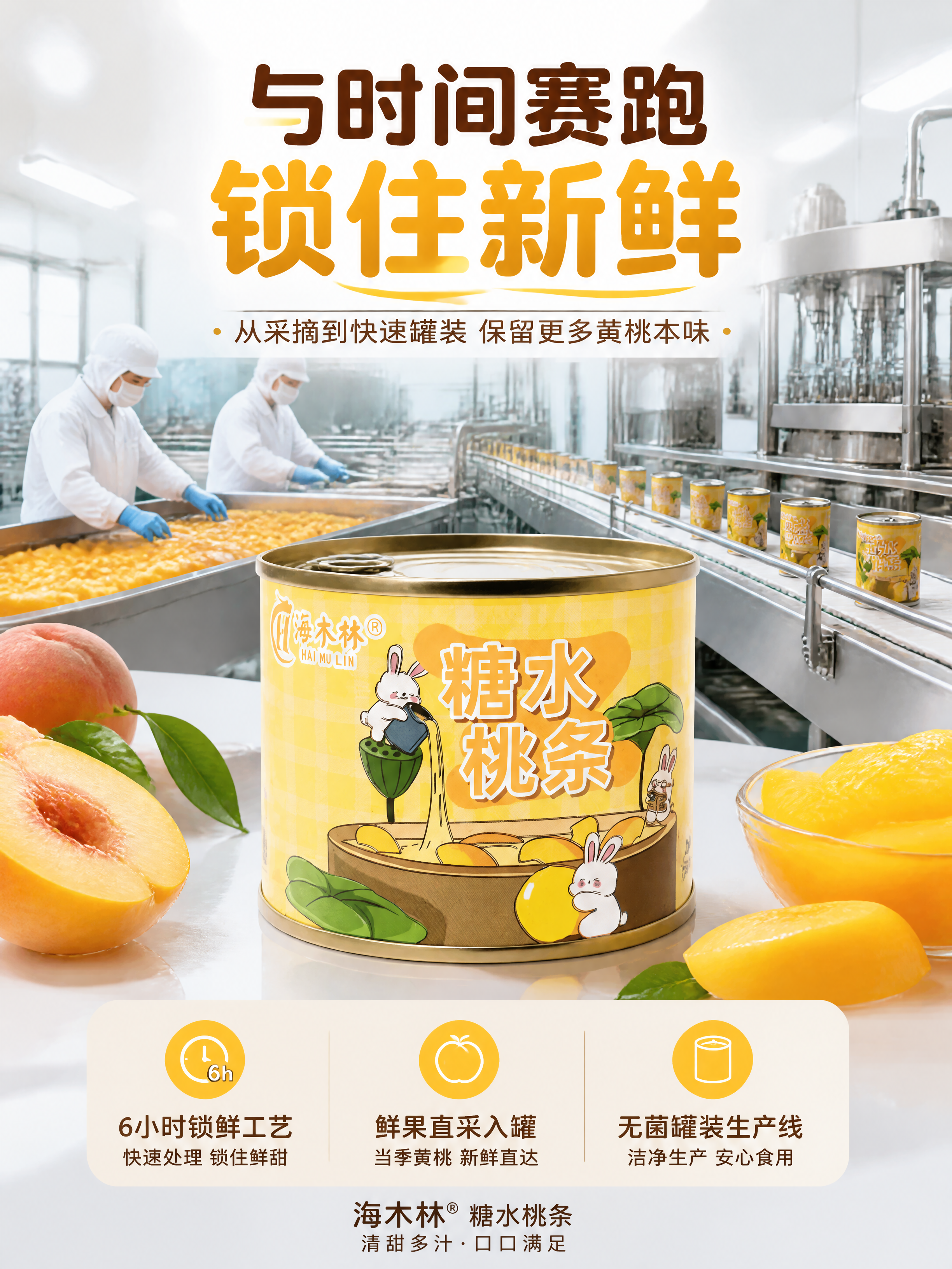[第1张] 海木林糖水桃条黄桃罐头详情页单屏-快速锁鲜工艺卖点… - 图片创意预览