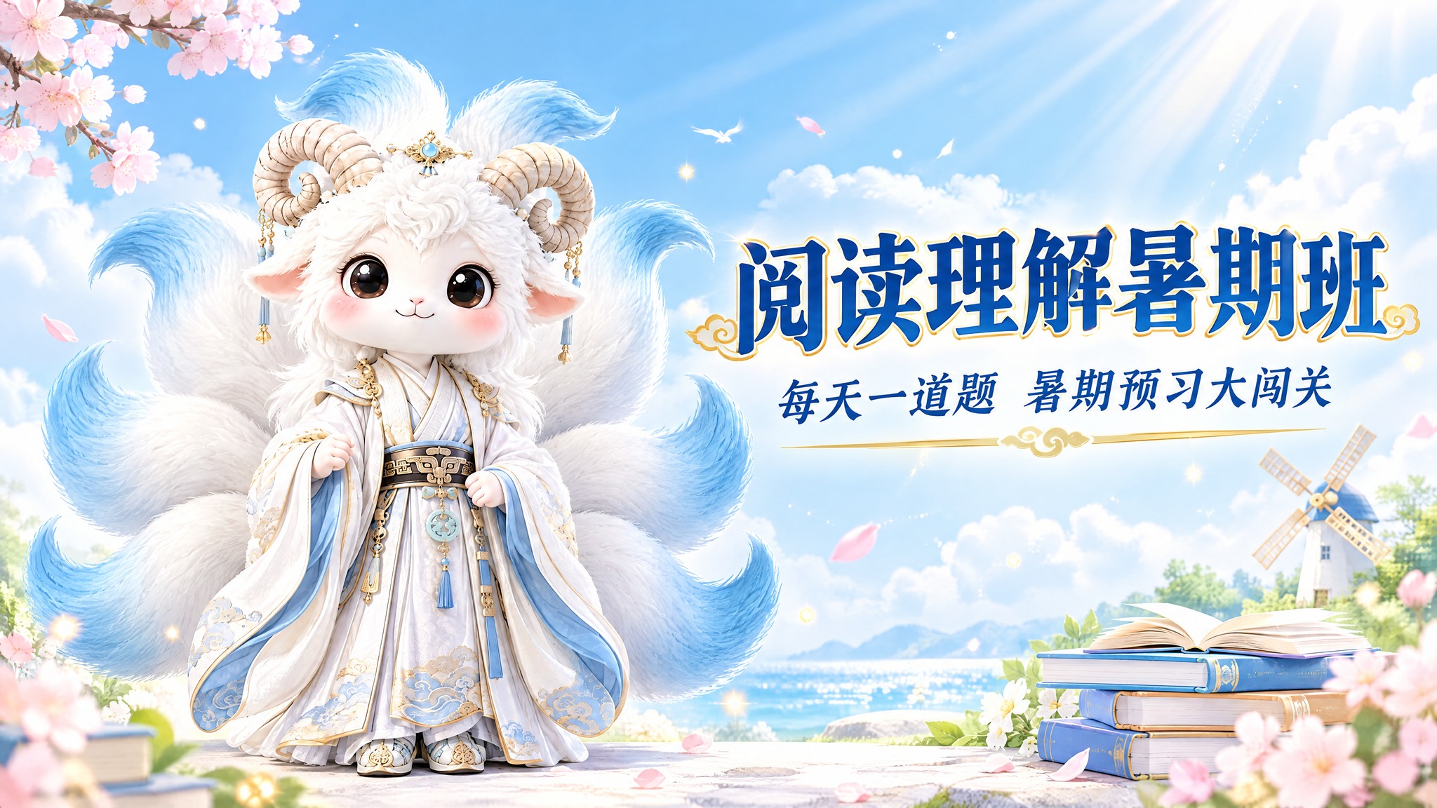 横版教育宣传图，尺寸540x292，左侧放置参考图中的白色九尾… - 图片创意预览