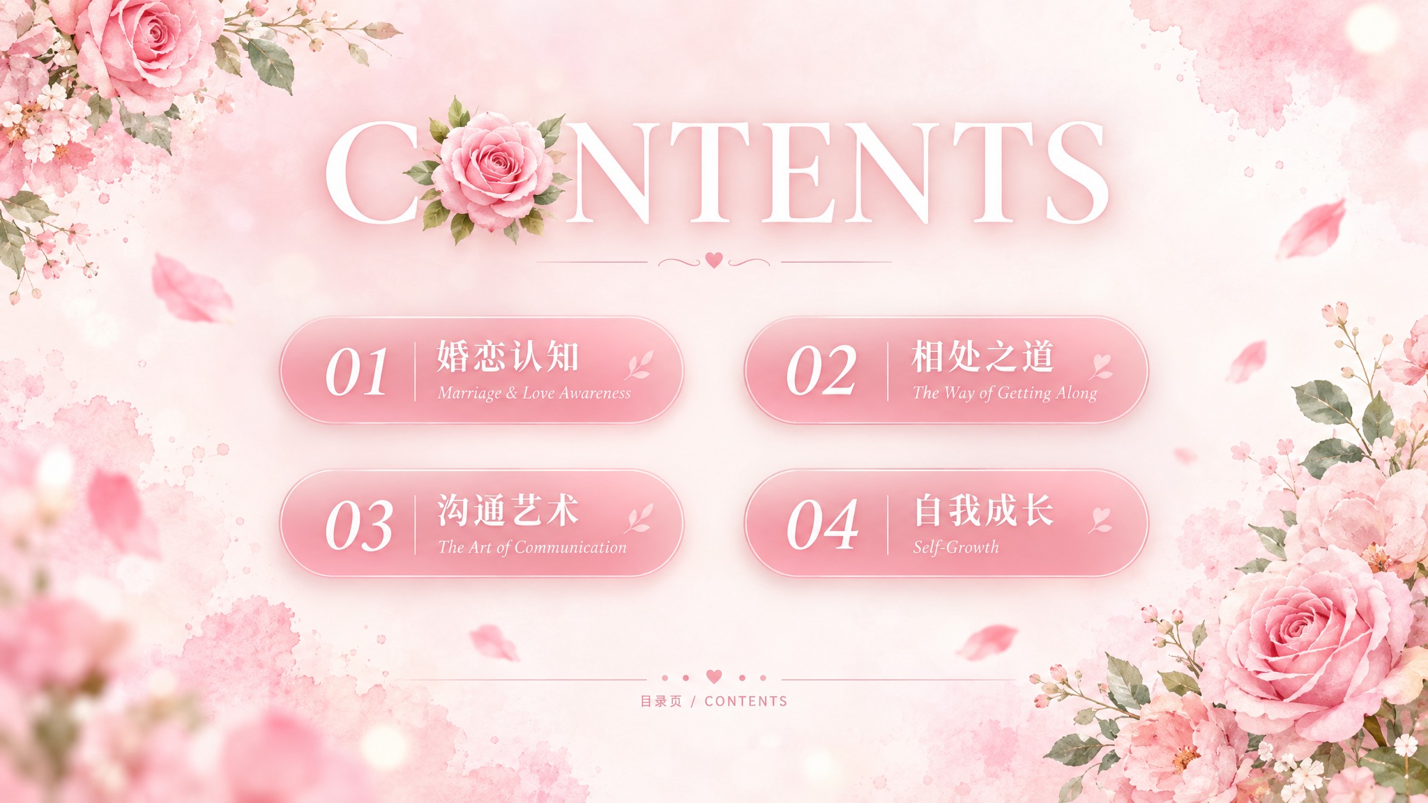 PPT目录页，粉色弥散风婚恋观主题，大标题"CONTENTS"… - 图片创意预览