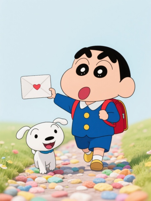 近景镜头，在一片铺满五彩斑斓小石子的梦幻小径上，身着标志性蜡笔小新造型的小男孩，依旧是粗黑短发、圆眼睛，张着嘴露红舌，穿蓝制服配黄纽扣，斜挎红书包，手中白色信封轻晃，身旁小白狗圆身黑眼嘴张舌露超开心，线条简洁流畅，色彩明快，纯色背景纯享童真活力预览效果