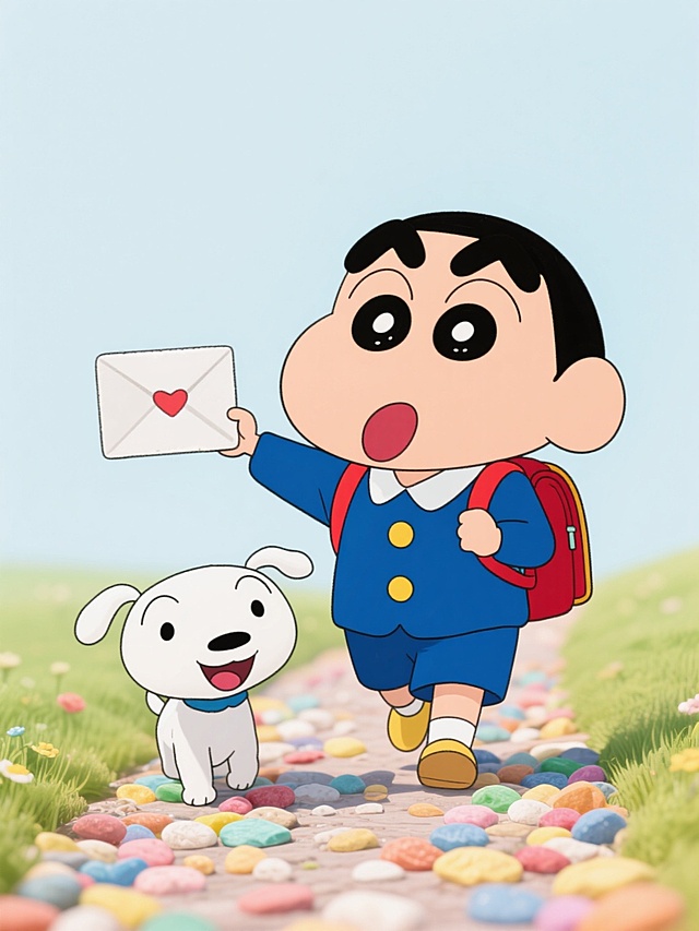 近景镜头，在一片铺满五彩斑斓小石子的梦幻小径上，身着标志性蜡笔小新造型的小男孩，依旧是粗黑短发、圆眼睛，张着嘴露红舌，穿蓝制服配黄纽扣，斜挎红书包，手中白色信封轻晃，身旁小白狗圆身黑眼嘴张舌露超开心，线条简洁流畅，色彩明快，纯色背景纯享童真活力