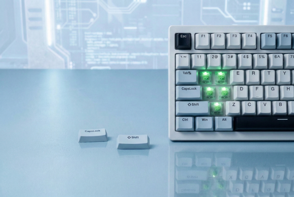 将图1键盘的键帽配色完全替换为图2的方案：Esc为黑色，F5/F6为浅蓝灰，Tab、CapsLock、Shift、Ctrl、Win、Alt为浅蓝灰，主键区（Q~P等）为浅灰白，空格为深黑；保留图1的科预览效果