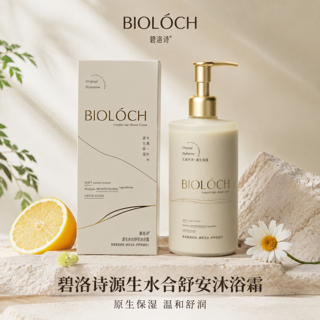 碧洛诗源生水合舒安沐浴霜淘宝主图，1:1 1440×1440px，结合两张参考图，保留产品瓶身包装盒外观颜色和所有文字信息完全一致，打造高级保湿舒缓沐浴护肤风格主图。氛围风格：温润保湿，高级极简，清新预览效果