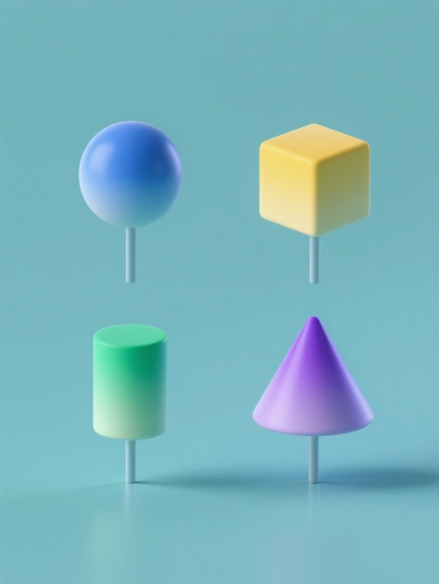 4个不同元素的系列素材集合，每个元素均为单一物体配以细长杆状底座，保持简洁的3D立体风格，圆润的主体造型，柔和的渐变高光与阴影处理，细腻的材质表现，元素分别为蓝色球体、黄色立方体、绿色圆柱体、紫色圆锥体，每个元素置于纯色背景上，整体画面规整排布，色彩鲜明且变换多样，视觉层级清晰，信息传达直接，设计简洁现代。预览效果