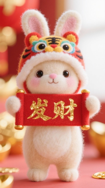 羊毛毡质感，一只可爱小兔玩偶头戴虎头帽子，举着红色横批，金色金箔书法字体写着“发财”，节日氛围，红色喜庆氛围，明亮通透背景，微距镜头，宣传海报，色彩明亮预览效果