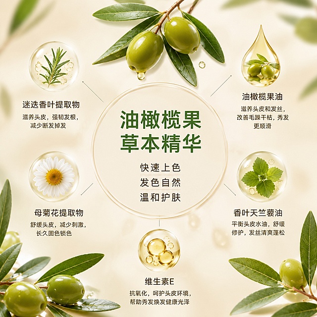 [主图-2] 舒尔发染发霜核心成分解析图。
[氛围风格] 自然纯净治愈风，简约高级；
[画质] 商业摄影质感、光线柔和通透、成分元素清晰真实、画面干净高级。
[元素] 画面采用成分环绕布局，背景为浅米杏色渐变。新鲜油橄榄枝叶和完整油橄榄果围绕在画面中心，搭配晶莹的草本精油水滴，油橄榄是核心成分来源，用细浅棕色细线指向中心位置。文字标注清晰对应各成分功效，整体布局舒展不拥挤。
[光影] 柔和均匀散射光，突出植物新鲜翠绿和精油透明质感，无生硬阴影。
[配色] 主色调浅米杏搭配自然绿色，精油浅黄点缀，清新干净。
[视角构图] 中心对称构图，整体均衡稳定。
[文字版式] 中心位置主标题大字“油橄榄果草本精华”绿色粗体，下方分三行短句排版：“快速上色 / 发色自然 / 温和护肤”每行对应一个卖点，字号缩小，深棕色字体，文字清晰排版整齐。
[输出要求] 1:1 比例，2048px * 2048px，文字清晰锐利，超高清商业摄影质感。
[负向提示词] 变形，文字错乱，产品图模糊，背景杂乱，水印，电商平台Logo，夸张对比，绝对化用语