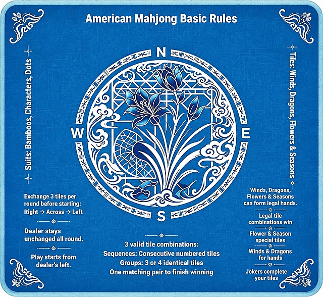 将图片转为高清，修改图片四周的英文文字内容为：American Mahjong Basic Rules
Suits: Bamboos, Characters, Dots
Tiles: Winds, Dragons, Flowers & Seasons      Exchange 3 tiles per round before starting:
Right → Across → Left
Dealer stays unchanged all round.
Play starts from dealer’s left.     3 valid tile combinations:
Sequences: Consecutive numbered tiles
Groups: 3 or 4 identical tiles
One matching pair to finish winning
Winds, Dragons, Flowers & Seasons can form legal hands.        
 
Legal tile combinations win
Flower & Season special tiles

Winds & Dragons for hands
Jokers complete your tiles，将这些文字分别排在上下左右四个靠边位置，往外排版，不靠近图片中心区域，保持原图片蓝色背景和中间的花纹图案不变