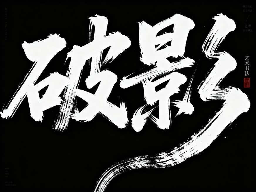 毛笔手写风格的“破影”艺术字体，极强的艺术写作风格，视觉震撼，笔画带有水墨笔刷效果，笔画巧妙延长并设计变形，字体右侧有小印章“艺术书法”，背景为黑色，字体为白色预览效果