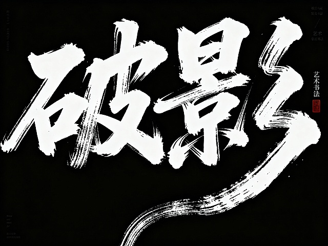 毛笔手写风格的“破影”艺术字体，极强的艺术写作风格，视觉震撼，笔画带有水墨笔刷效果，笔画巧妙延长并设计变形，字体右侧有小印章“艺术书法”，背景为黑色，字体为白色
