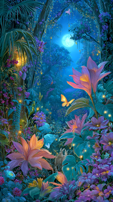 以超高清画质呈现，画面细节清晰可见，笔触细腻，色彩鲜艳且层次丰富，每个元素都精致无比，整体画面如同高精度的艺术品，清晰锐利，毫无模糊之感，巨大的花朵，梦幻丛林，茂密植物，紫荆花，各种奇异花朵，大叶植物预览效果