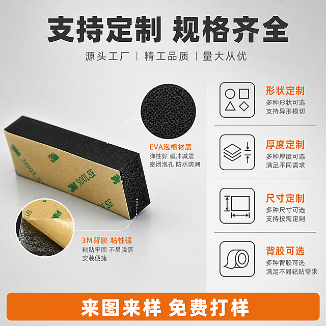 [主图-2] 1688 EVA泡棉胶垫定制卖点图，展示产品材质细节与多种定制规格，强化B端定制能力与工厂实力。
[统一基调] 1688 B端工业风，浅灰色渐变背景，主标题深灰加粗黑体，辅助文字中灰色，强调色用橙色，整体简洁规整、信息清晰，与主图1视觉统一。
[画面] 画面左侧为产品细节特写区：一块黑色EVA泡棉胶垫45度斜放，侧面展示泡棉厚度与细密孔隙结构，底面露出黄色3M背胶离型纸，旁边有局部放大圆窗展示泡棉材质纹理和背胶粘性面。画面右侧为定制规格信息区，用简洁图标+文字展示4项定制维度：形状定制、厚度定制、尺寸定制、背胶可选。底部有一条橙色强调条，写"来图来样 免费打样"。产品外观、颜色、材质与输入图完全一致。
[光影质感] 商业产品摄影质感，主光柔和均匀，泡棉侧面厚度清晰可见，材质纹理真实，背胶面有轻微光泽，放大圆窗内细节锐利，整体光影自然，产品有真实接触阴影。
[配色] 背景浅灰渐变，主标题深灰色，强调色橙色，图标线框深灰色，产品保持黑色泡棉+黄色背胶纸本色。
[文字版式] 画面顶部居中主标题大字"支持定制 规格齐全"，加粗黑体深灰色。右侧4项定制内容每项配一个简约线框图标，图标下方为定制项名称（形状定制、厚度定制、尺寸定制、背胶可选），再下方一行小字说明。底部橙色条内文字为白色加粗。所有文字横排，层级分明，清晰可读，不遮挡产品。
[输出要求] 1:1正方形比例，2K分辨率，产品清晰，细节锐利，文字清晰无错字，画面专业规整，符合1688 B端采购视觉。禁止出现水印、平台logo、二维码、联系方式、极限词。禁止产品变形、模糊、悬浮。