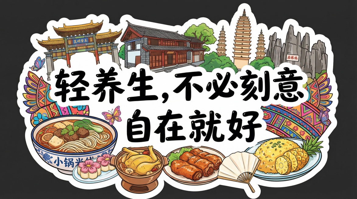 保留文字'轻养生，不必刻意，自在就好'，替换为云南特色美食与地标建筑，风格活泼年轻化，异形KT板预览效果