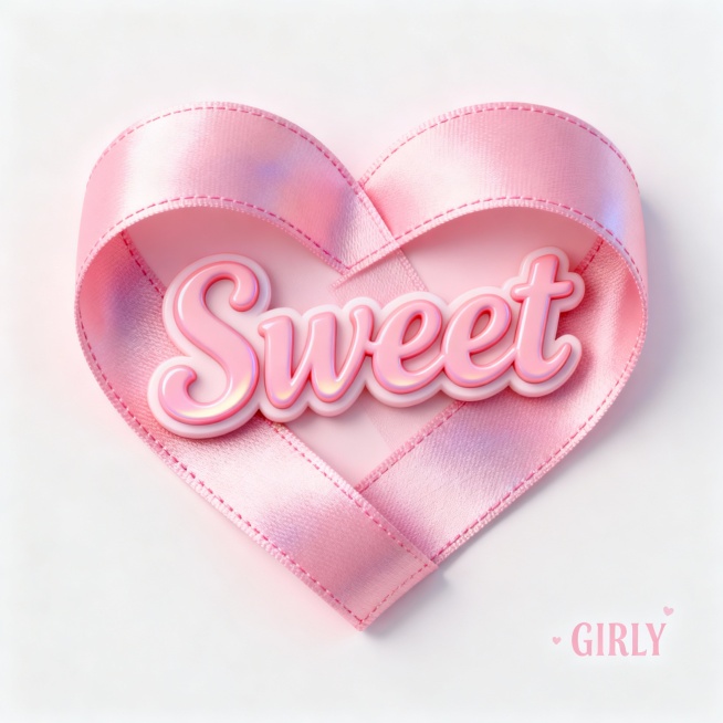一个充满少女心的粉色3D立体设计，主体是一个由柔软丝带质感构成的爱心形状，丝带表面带有细腻的渐变光泽与轻微缝线纹理，模拟真实布料的触感；爱心中央嵌入“Sweet”字样，字体采用圆润流畅的手写风格，字母边缘带有柔和高光与阴影，呈现轻盈浮雕效果；整体构图居中对称，背景为纯净无杂质的浅粉或白色纯色背景，营造温馨甜美、梦幻可爱的氛围，右下角可添加极小号“GIRLY”字样作为点缀，整体视觉风格统一、色彩……预览效果