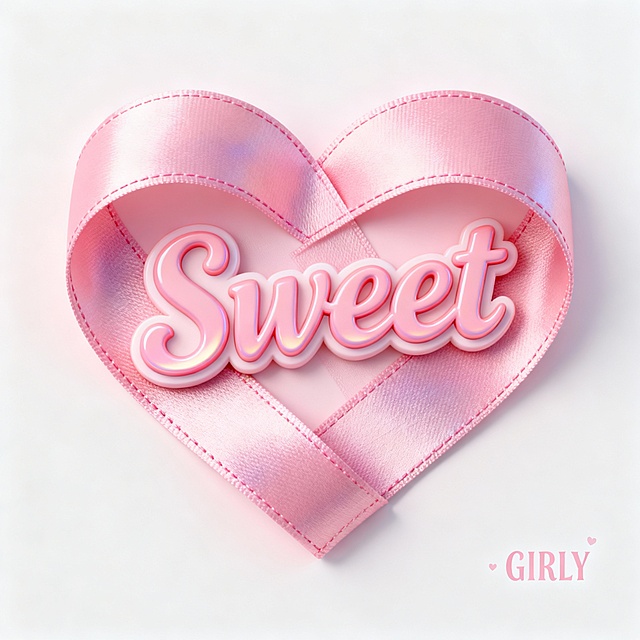 一个充满少女心的粉色3D立体设计，主体是一个由柔软丝带质感构成的爱心形状，丝带表面带有细腻的渐变光泽与轻微缝线纹理，模拟真实布料的触感；爱心中央嵌入“Sweet”字样，字体采用圆润流畅的手写风格，字母边缘带有柔和高光与阴影，呈现轻盈浮雕效果；整体构图居中对称，背景为纯净无杂质的浅粉或白色纯色背景，营造温馨甜美、梦幻可爱的氛围，右下角可添加极小号“GIRLY”字样作为点缀，整体视觉风格统一、色彩和谐、细节精致，适合用于女性向产品包装或社交媒体视觉设计。