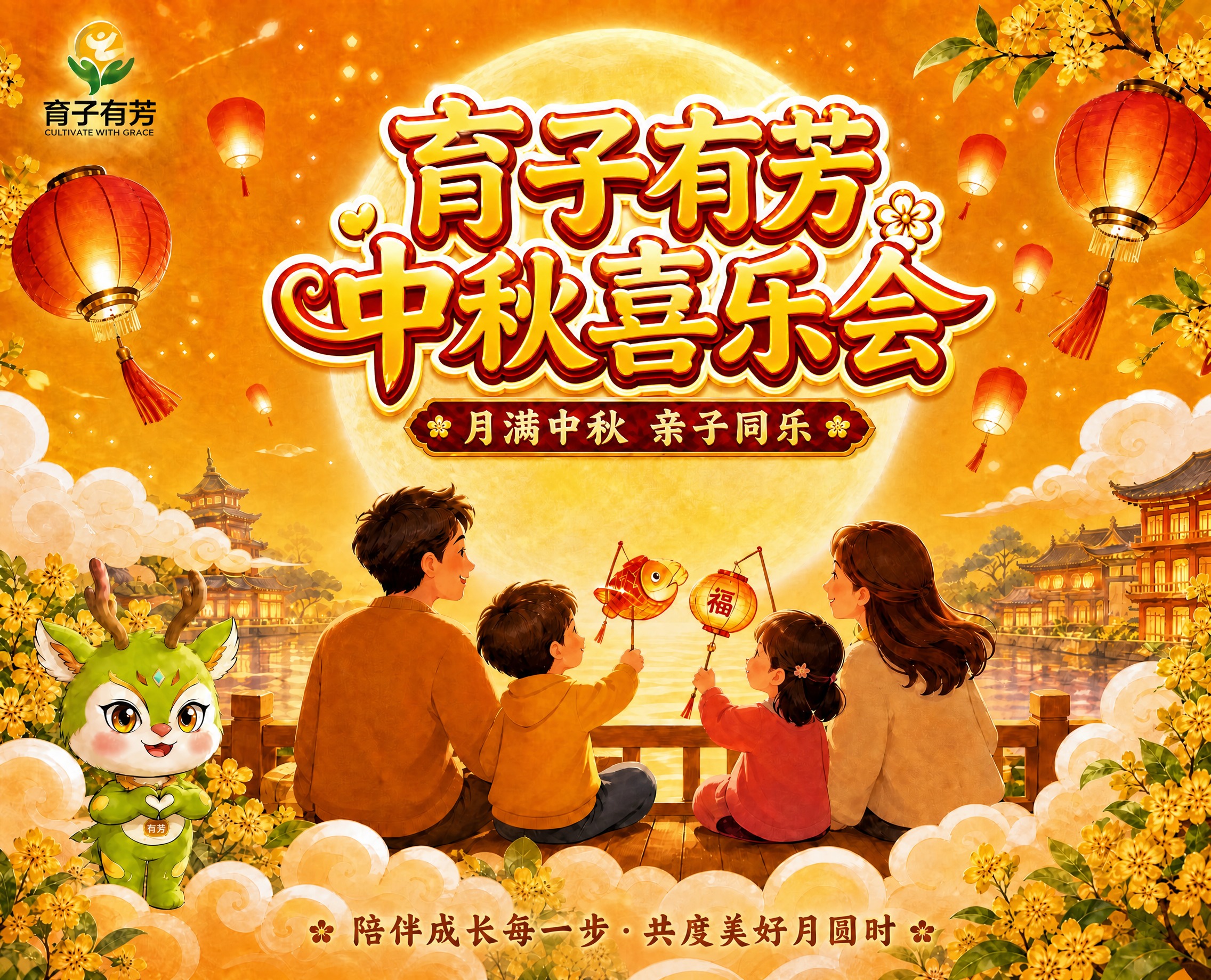 将画面上方的主标题"育子有芳 中秋喜乐会"调整得更加清晰醒目，… - 图片创意预览