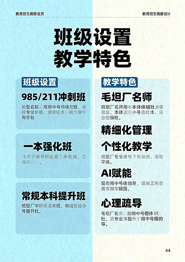 毛坦厂卓越高考复读招生画册内页第二页，班级设置与教学特色，标题“班级设置 教学特色”，内容包含三个班型：985/211冲刺班、一本强化班、常规本科提升班的介绍，五大教学特色：毛坦厂名师、精细化管理、个性化教学、AI赋能、心理疏导，清晰分块排版，适合印刷A4尺寸