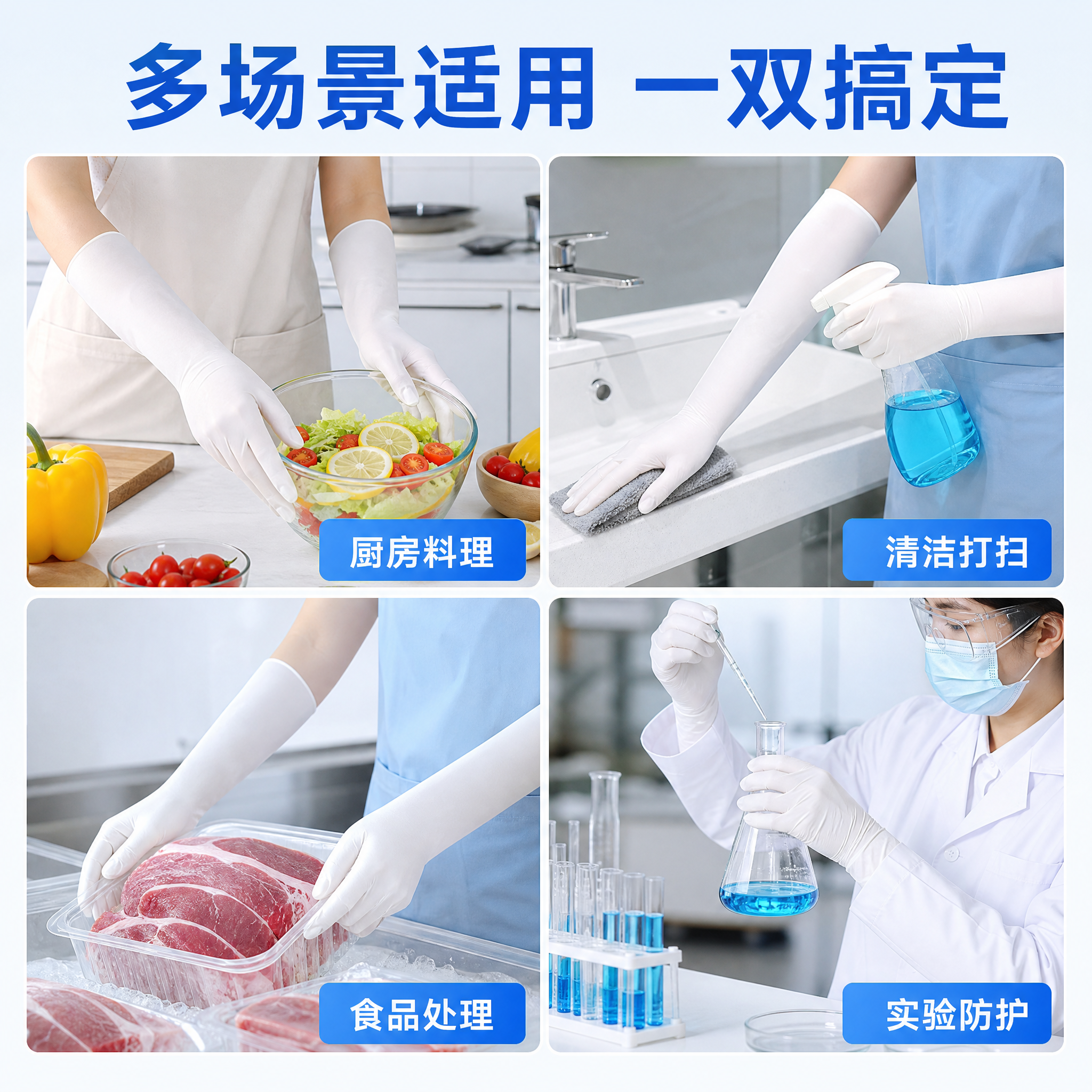 星宇E700加长丁腈手套多场景适用展示，四宫格布局。四个场景：… - 图片创意预览