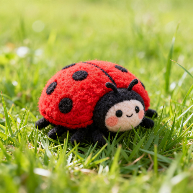 一个可爱的毛绒材质红色瓢虫卡通形象，瓢虫正趴在绿色的草地上，毛绒质感蓬松柔软，整体风格清新可爱，色彩明亮柔和，背景是自然清新的草地环境，氛围治愈温馨预览效果