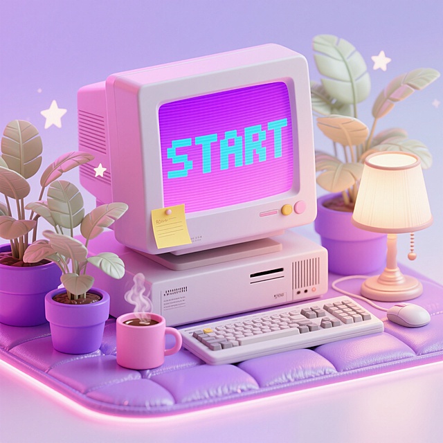 主体是一台80年代显示器，粉白配色复古的显示器、主机、键盘、鼠标，显示器上贴有黄色便利贴，屏幕显示紫粉色渐变发蓝色荧光的像素英文大写字母：”START”，周围摆放浅色大片绿叶的植物，紫色花盆，复古台灯发着暖光，粉色水杯，里面有咖啡，微微冒着烟，整体卡通化设计，在浅紫色的皮质垫子上，边角略微翘起，背景是浅紫白色的渐变，多巴胺配色，撞色，潮流华丽时尚，星星