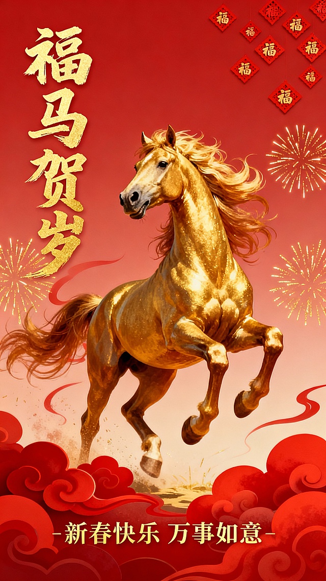 鎏金骏马跃云间，国潮插画风融合重拟物质感，红金配色尽显喜庆与中式韵味，烟花祥云烘托梦幻节日氛围。