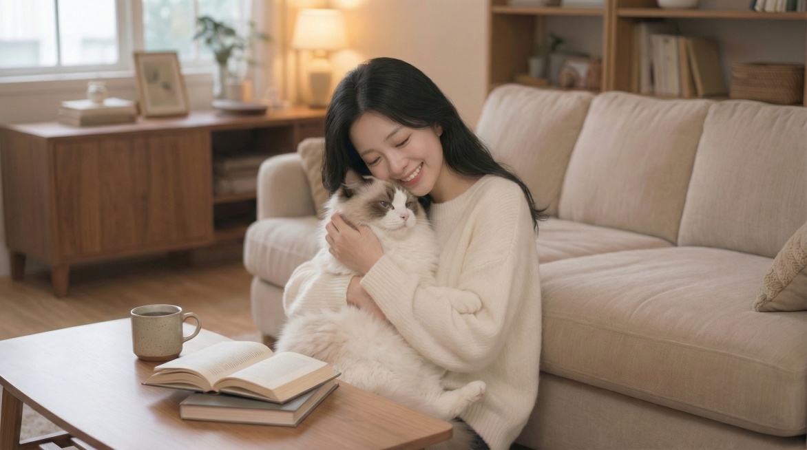 去掉一杯咖啡  女主人换成与猫咪亲昵的动作预览效果