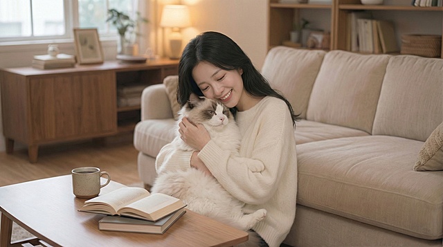 去掉一杯咖啡  女主人换成与猫咪亲昵的动作