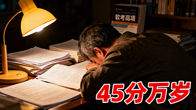 画面以一个略显疲惫的中年男性背影为主体，他趴在堆满资料的书桌上，桌面上只有一盏暖黄色台灯亮着，柔和的灯光照亮桌面的资料和男性的背部。背景昏暗，隐约可以看到“软考高项”的教材封面放在书架上。图片右下角用醒目的红色加粗大字标注文字“45分万岁”，整体氛围写实，充满深夜备考的疲惫感和真实感，能够引发备考打工人的共鸣。