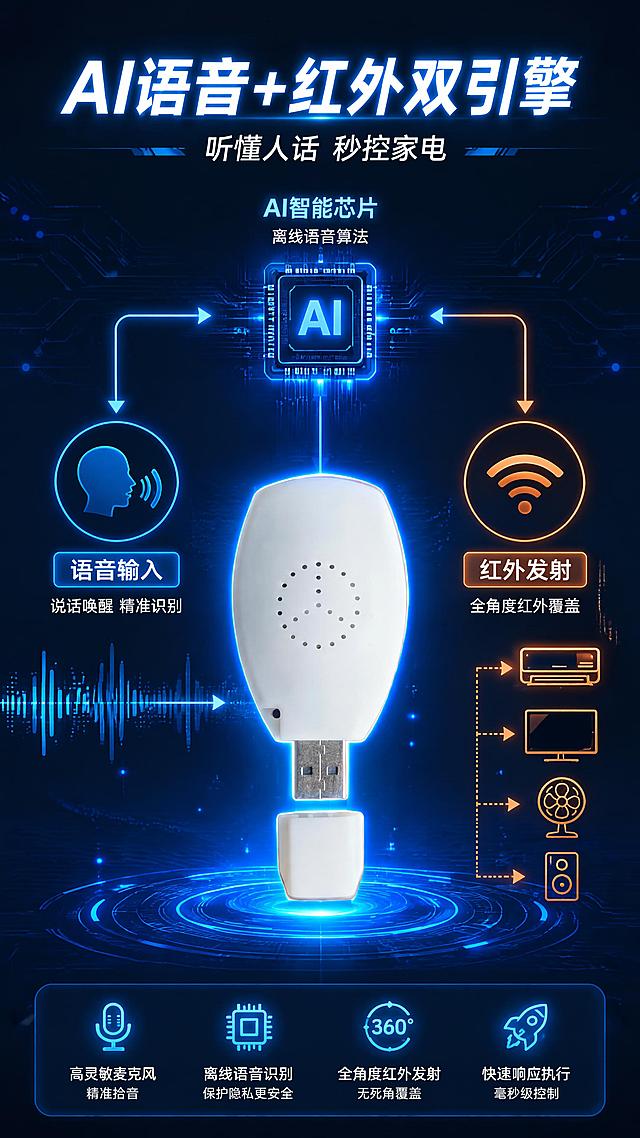 [第4张] 详情页核心技术原理-AI语音识别+红外发射工作原理。本张使用【图1】作为商品主体。
[氛围/风格] 科技原理图风格，深色科技感背景，发光线条示意，专业技术感。
[元素布局] 产品置于画面中央，正面展示，占比约35%；产品左侧有声波输入示意（语音→麦克风），右侧有红外信号输出示意（红外→家电）；上方有AI芯片处理模块示意；用发光的线条和箭头连接各模块，形成完整工作链路；背景为深蓝色渐变，点缀科技感光点和电路纹理。产品外观结构与输入图一致。
[光影质感] 产品本身均匀打光，周围有蓝色发光效果，科技感光效点缀，整体暗调突出发光元素。
[配色色系] 全局底色 #0D1B2A 深蓝科技底；主色 #2196F3 亮蓝光效；辅助色白色产品、青色发光线条、橙色红外信号。
[视角构图] 正面平视，产品居中，左右对称展示输入输出链路，阅读动线从左→中→右。
[文字版式] 顶部主标题「AI语音+红外双引擎」，副标题「听懂人话 秒控家电」；左侧标注「语音输入」配声波图标+说明「说话唤醒 精准识别」；中间产品上方标注「AI智能芯片」+说明「离线语音算法」；右侧标注「红外发射」配信号图标+说明「全角度红外覆盖」。文字用发光效果，清晰可读。
[比例分辨率] 9:16 竖版比例，4K分辨率，文字清晰可辨，高清画质。
[负向提示词] 产品变形，结构错误，颜色偏差，水印，文字错乱，光效过曝，背景杂乱。