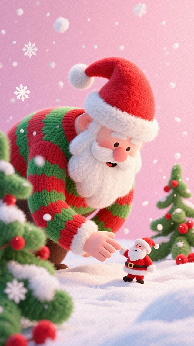 特写一个大的圣诞老人身着红绿毛衣，头戴圣诞帽，从雪地后探出俯身玩弄雪地上的小圣诞老人，周围环绕绿色松枝、红色浆果，雪花飘落营造圣诞动态氛围，背景为粉色。