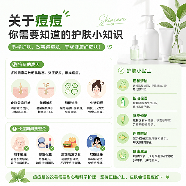 一张护肤科普图，主题是关于痘痘的护肤小知识，风格清新简约，有干净的背景和护肤相关元素，配有清晰文字排版