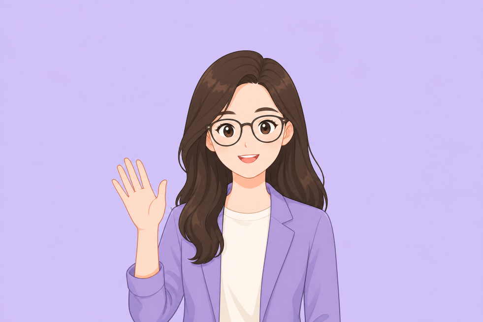 小程序课程封面，纯色淡紫色背景，卡通长发戴眼镜女老师，居中正面，做出打招呼的动作，半身卡通风格，设计简洁清晰预览效果