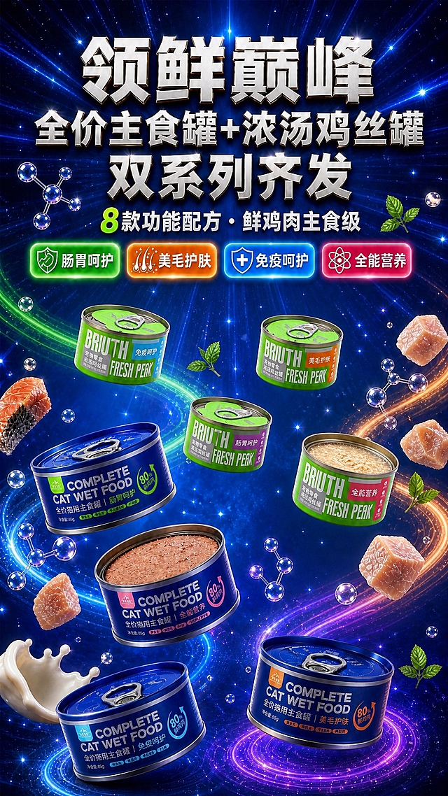 在这张海报基础上修改，蓝罐的数量、大小、位置、角度全部保持原样不动。只修改绿罐：1. 中间那个肠胃呵护紫标的绿罐，从开口状态恢复为闭口带拉环的封闭状态，现在画面中有2个开口绿罐，改完后只保留最右下角全能营养粉标那1个开口绿罐。2. 所有4个绿罐整体缩小，绿罐的尺寸比例要明显小于蓝罐，蓝罐是主食罐更大更突出，绿罐是零食罐更小一些，形成主次大小对比。3. 绿罐缩小后位置可以微调保持分布自然，标签内容保持不变：免疫呵护蓝标、美毛护肤橙标、肠胃呵护紫标（闭口）、全能营养粉标（开口）。4. 所有罐子100%还原参考图的外形、包装、LOGO、印刷文字、颜色与材质。5. 背景、文字、卖点标签、装饰元素等其他所有内容保持不变。商业摄影级质感，超高清2K。