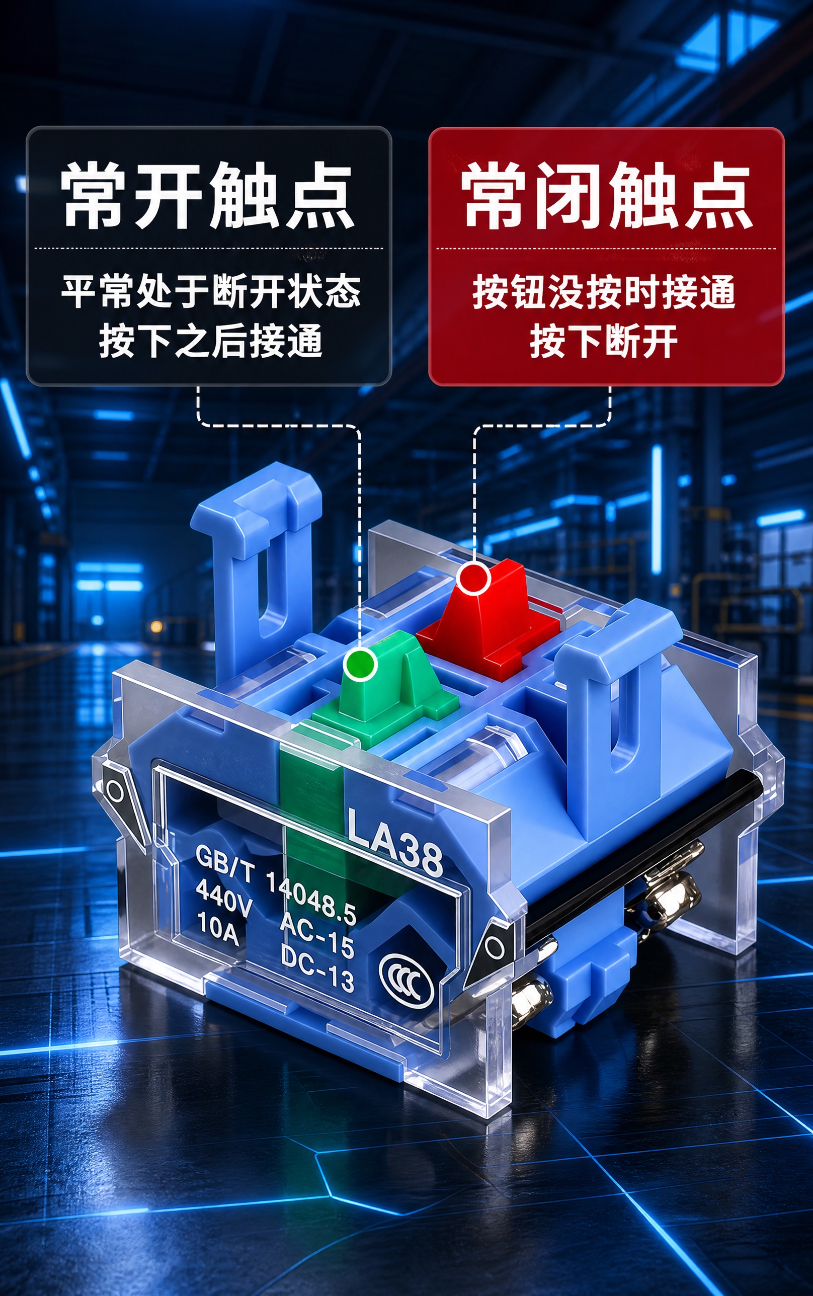 电商详情页长图，按钮开关常开常闭触点说明图，750px宽，深蓝… - 图片创意预览