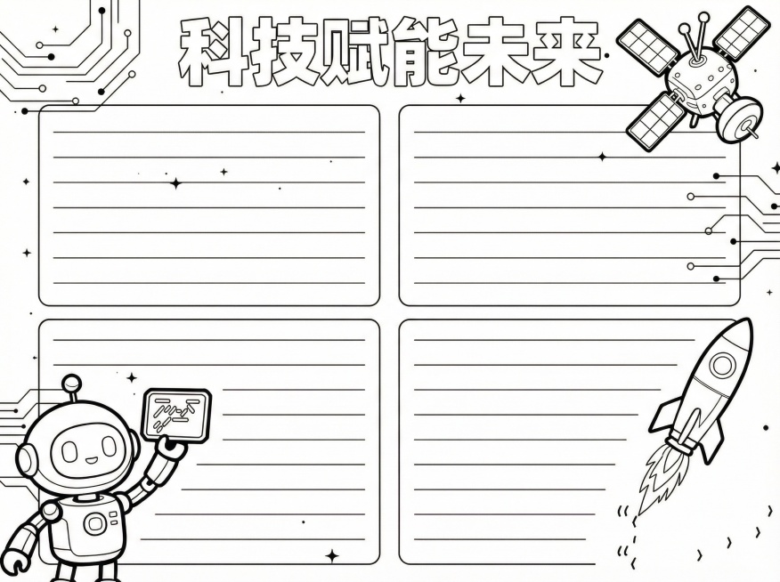 将手抄报转换为黑白线稿样式，保留所有元素轮廓和文字区域，方便自行涂色预览效果