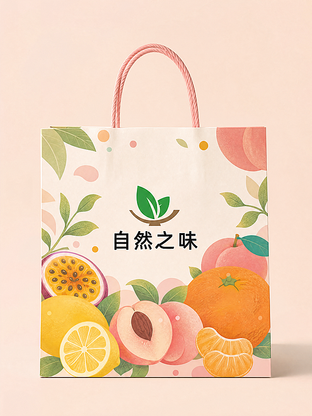 设计一款鲜果茶联名手提袋，正面放置logo“自然之味”，整体使用蜜桃、橙子、百香果、柠檬四种水果插画元素，风格为清新扁平插画风，整体色调柔和温馨，适合饮品包装
