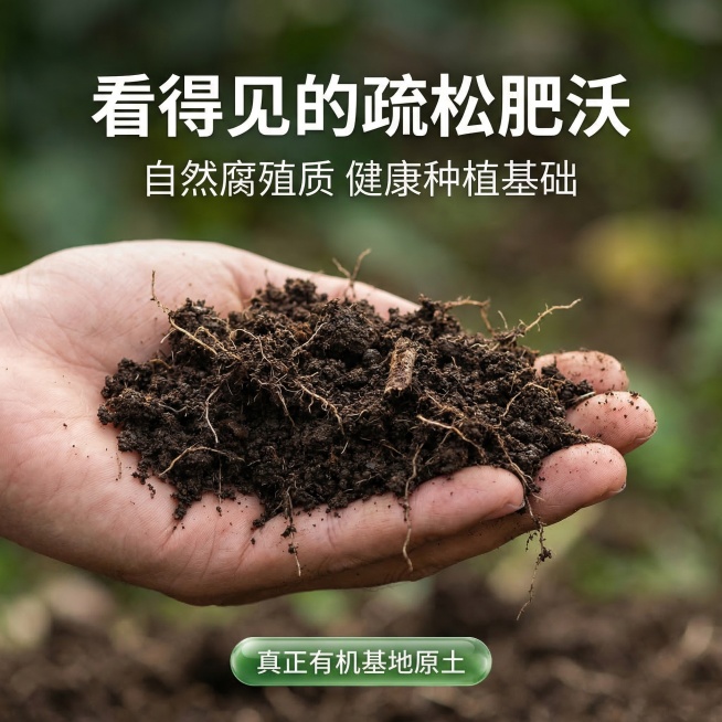 [主图主题]有机农场田园土 成分细节种草主图（无包装）
[氛围/风格]自然清新风格，真实微距质感，温馨治愈
[画面元素]极致微距镜头特写无包装的有机田园土颗粒，夹杂自然植物根系和细小腐殖质，一只干净的预览效果