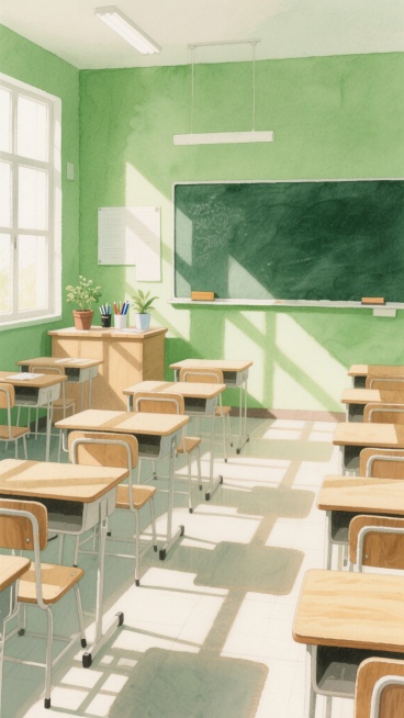 一个充满阳光的教室，绿色的墙壁，白色的黑板，整齐排列的木制课桌椅，讲台上摆放着文具和盆栽，窗户透进来的阳光在地面和墙壁上形成长长的光影，呈现出温暖、宁静而充满希望的氛围，整体采用水彩手绘风格，色彩柔和明快，线条流畅自然，具有浓厚的艺术感和温馨的学习气息。预览效果