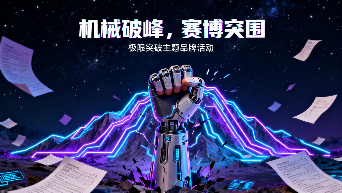 赛博朋克风格，画面中心是机械义肢拳头，正轰裂开霓虹线条构成的大山，周围散落着电子试卷，背景是深色星空，上下留白，上方配文案"机械破峰，赛博突围"，下方配小字"极限突破主题品牌活动"，霓虹蓝紫配色预览效果