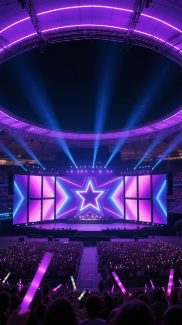 夜晚大型露天体育场演唱会现场，整体呈现科技感未来主义风格，深邃夜空背景下，巨大的弧形体育场顶部被紫色霓虹灯光勾勒出鲜明轮廓，数十盏聚光灯从不同角度射出蓝紫色光束，在夜空中交织成璀璨光网。舞台中央是由多块大型LED屏幕组成的背景墙，屏幕上播放着动感的几何星形图案与紫色、蓝色、粉色的渐变光效，舞台前方延伸出宽阔的表演区域，下方是人山人海的观众席，数万观众挥舞着荧光棒，形成一片闪烁的光海，整体光影对……预览效果
