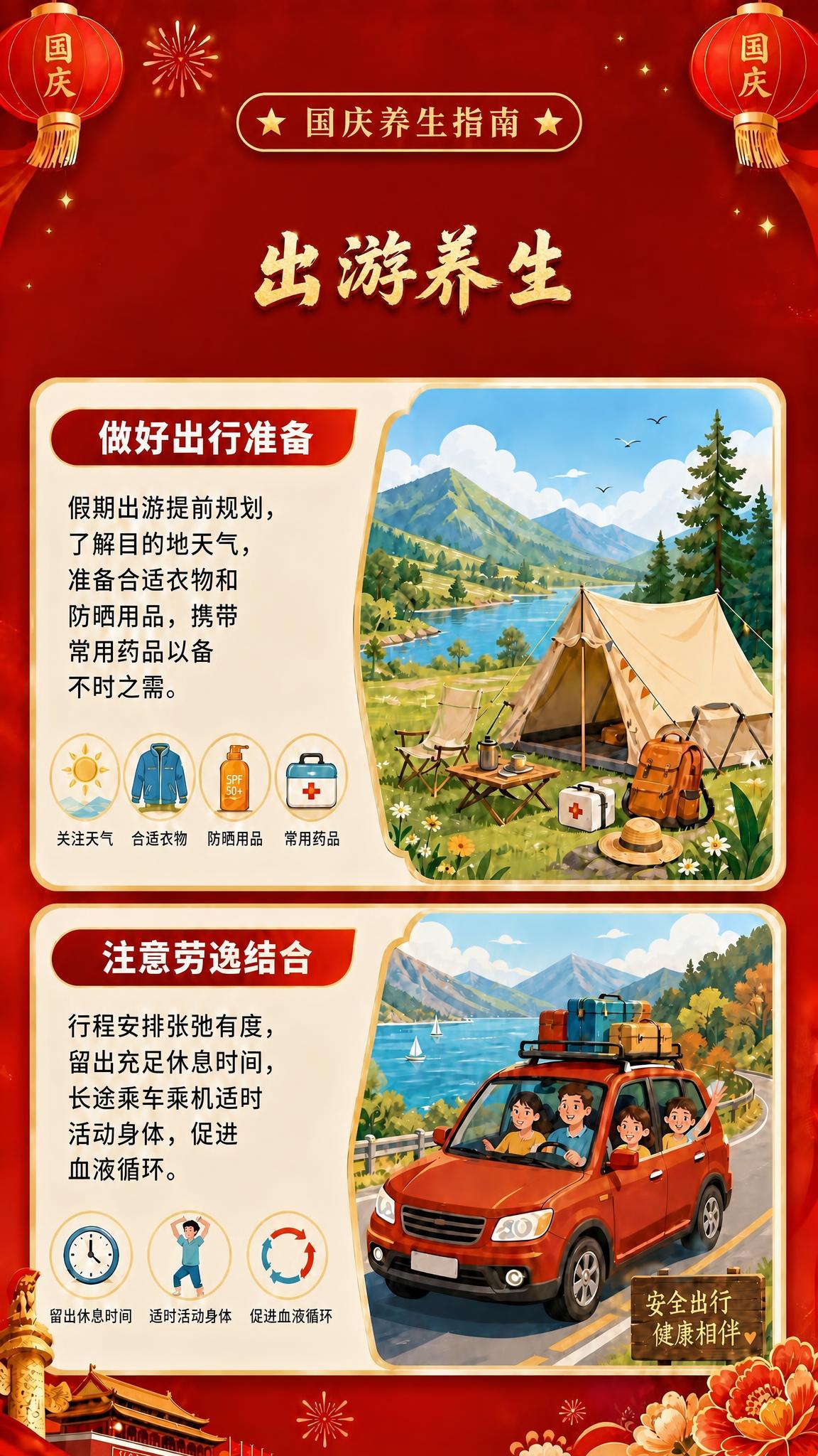 参考原图，将中间的金色大标题'出游养生'字号缩小，明显小于封面… - 图片创意预览