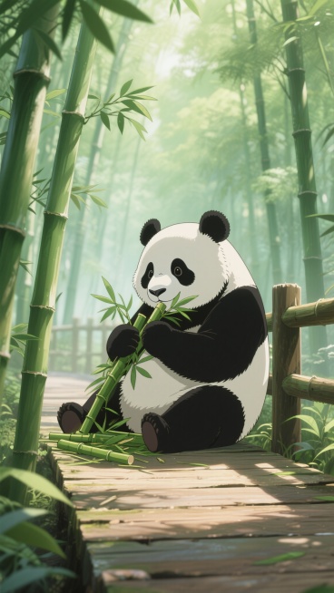 竹林间的熊猫，新海诚动画风格，竹林背景，木质栈道，熊猫坐在栈道上吃竹子，清新的绿色调，细腻的光影效果，柔和的线条，梦幻的氛围，高清画质，8K分辨率预览效果