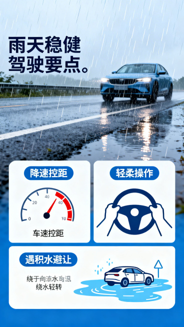 雨天雨中稳健驾驶场景信息图，展示雨天道路上车辆缓慢平稳行驶，标注三条驾驶要点：降速控距、轻柔操作、遇积水避让，蓝白清新汽车安全驾驶风格，文字清晰预览效果