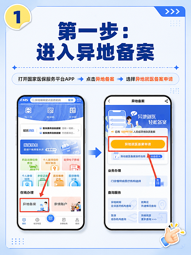 小红书图文内页，杂志海报干货风，与封面风格统一，版式精美，小红书笔记内页质感，适合竖屏滑动阅读。主标题必须完整呈现且为画面视觉中心，逐字锁定：「第一步：进入异地备案」。主标题字号醒目，清晰可读，不得增删改字。步骤说明文字：「打开国家医保服务平台APP → 点击异地备案 → 选择异地就医备案申请」。背景：浅蓝渐变到白色的清爽政务风底色，干净明亮，与封面风格一致。标题排版：扁平粗黑体，深蓝色主标题，数字"1"加黄色圆形色块底高亮，层级分明。配图：用户【图1】左右分屏的两步操作截图以手机屏幕图框形式上下或左右排列置于画面中间偏下位置，左图为APP首页异地备案入口，右图为异地备案页备案申请按钮，两张截图均清晰可见，红色框和箭头保留并清晰突出操作路径，作为操作指引配图，带轻微阴影和圆角。装饰：左上角1个数字"1"圆形徽章贴纸；右下角1个小手emoji小贴纸；两张截图之间加一个箭头表示操作顺序；另加细线框、分割线和角标装饰，位置克制，整体风格与封面统一。整体氛围：步骤清晰、实用干货、政务科普感。画质：高清细腻，信息层级清晰，文字与背景强对比，文字完整处于安全区内不可裁切，四周留安全边距。画面比例 3:4，4K。图生图：严格使用用户上传图片，【图1】= 两步操作对比截图（首页异地备案入口 + 备案申请按钮），用作内页配图以手机图框形式展示。