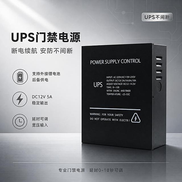 [单张主图] 支持后备电池门禁电源 UPS门禁电源 冷灰科技商务风 专业安防高级感主图。
[路线判断] 高级氛围感主图路线，偏信任与质感，突出UPS不间断供电和专业可靠性，信息克制但层级清晰。
[画面主体] 画面中下部偏右位置，黑色UPS门禁电源控制箱以45度斜侧视角立体摆放，黑色金属外壳质感细腻真实，表面丝印文字（POWER SUPPLY CONTROL、UPS、输入输出参数、警示标识等）清晰完整，侧面散热孔和圆形按键细节清晰。产品占画面约50%。**保持产品外观（物理结构、材质质感、颜色、所有丝印文字与标识、侧面散热孔和按键形态）与输入产品图完全一致，杜绝任何变形和色差，精细化处理每一处边缘和表面纹理**。
[构图版式] 左文右物场景型。左侧大面积留白放主标题和卖点图标；产品放右侧放大，底部用冷灰色金属质感台面承托。整体信息克制，留白充足，突出专业可靠的商务科技感。
[场景元素] 背景为冷灰色渐变，从左上浅灰过渡到右下深灰，带有极细微的科技网格纹理和淡淡的电路走线暗纹，不抢主体。产品放置在哑光冷灰色金属台面上，台面有细腻的拉丝纹理和产品柔和的倒影。背景中上部有微弱的聚光灯光效和光晕，营造专业棚拍感。左侧中部有三个细线图标加短卖点，纵向排列。底部有一条极细的银灰色分隔线，线下方有规格标注。右上角有一个极小的UPS不间断银灰色圆角标签。
[文案版式] 左上角位置主标题分两行排列：第一行"UPS门禁电源"大号粗黑体深灰色字；第二行"断电续航 安防不间断"中号浅灰色字。左侧中部纵向排列三个卖点，每个卖点左侧配细线图标，右侧两行文字：卖点一"支持外接锂电池 后备供电"；卖点二"DC12V 5A 稳定输出"；卖点三"延时可调 宽压输入"。卖点文字为深灰色，图标为银灰色。底部中央位置有规格标注"专业门禁电源 延时0-10秒可调"银灰色中号字。整体文字克制，不超过画面30%。
[光影质感] 左上方45度主光，柔和均匀地打在产品正面，形成清晰的顶部高光带和外壳边缘轮廓光；右侧弱补光提亮侧面散热孔和按键细节；底部台面有柔和的产品倒影，倒影透明度约30%。整体光影干净利落，体现工业产品的精密感和可靠质感；景深中等，背景轻微虚化突出主体。
[配色字体] 主色冷灰（背景与台面）；辅色哑光黑（产品主体）；强调色银灰（线条与文字）。字体为现代无衬线黑体，字重克制，主标题粗体，辅助文字常规，靠字号和灰度分层级。
[比例分辨率] 1:1比例，2K分辨率，文字清晰锐利，超高清商业摄影质感。
[负向提示词] 变形，文字错乱，产品图模糊，背景杂乱，水印，电商平台Logo，产品扭曲，颜色偏差，多余杂物，廉价感，过暗，脏污。